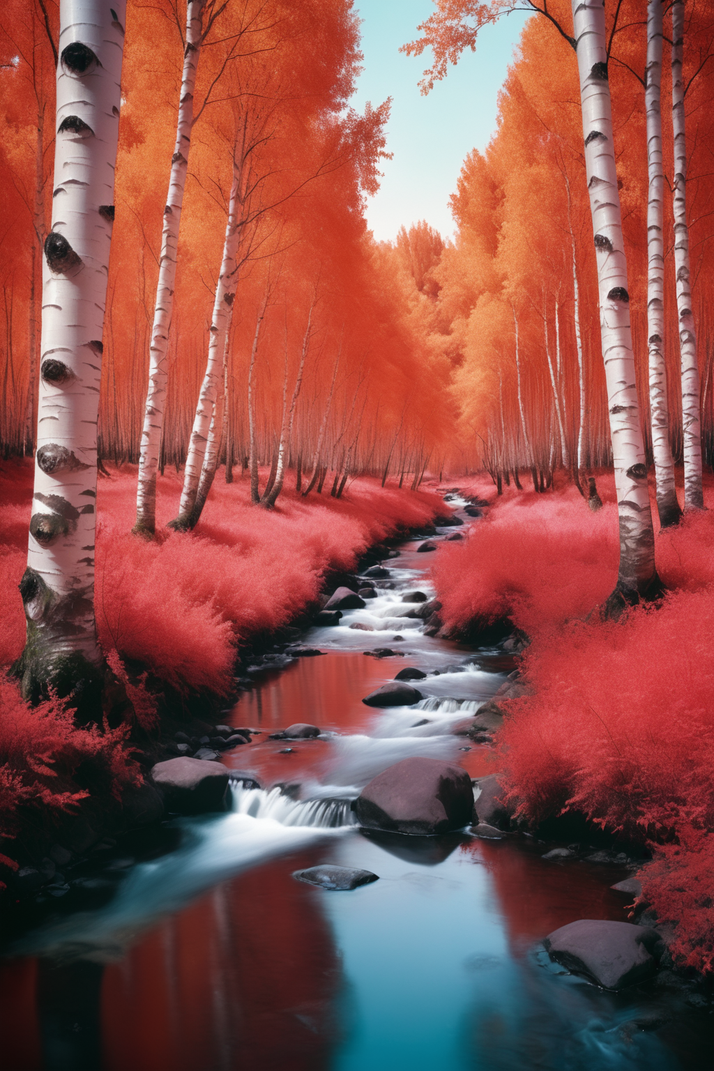 00847-1688682253-landscape photography shot on Kodak Aerochrome,_The birch forest beside the fast-flowing stream in summer,quiet and beautiful co.png